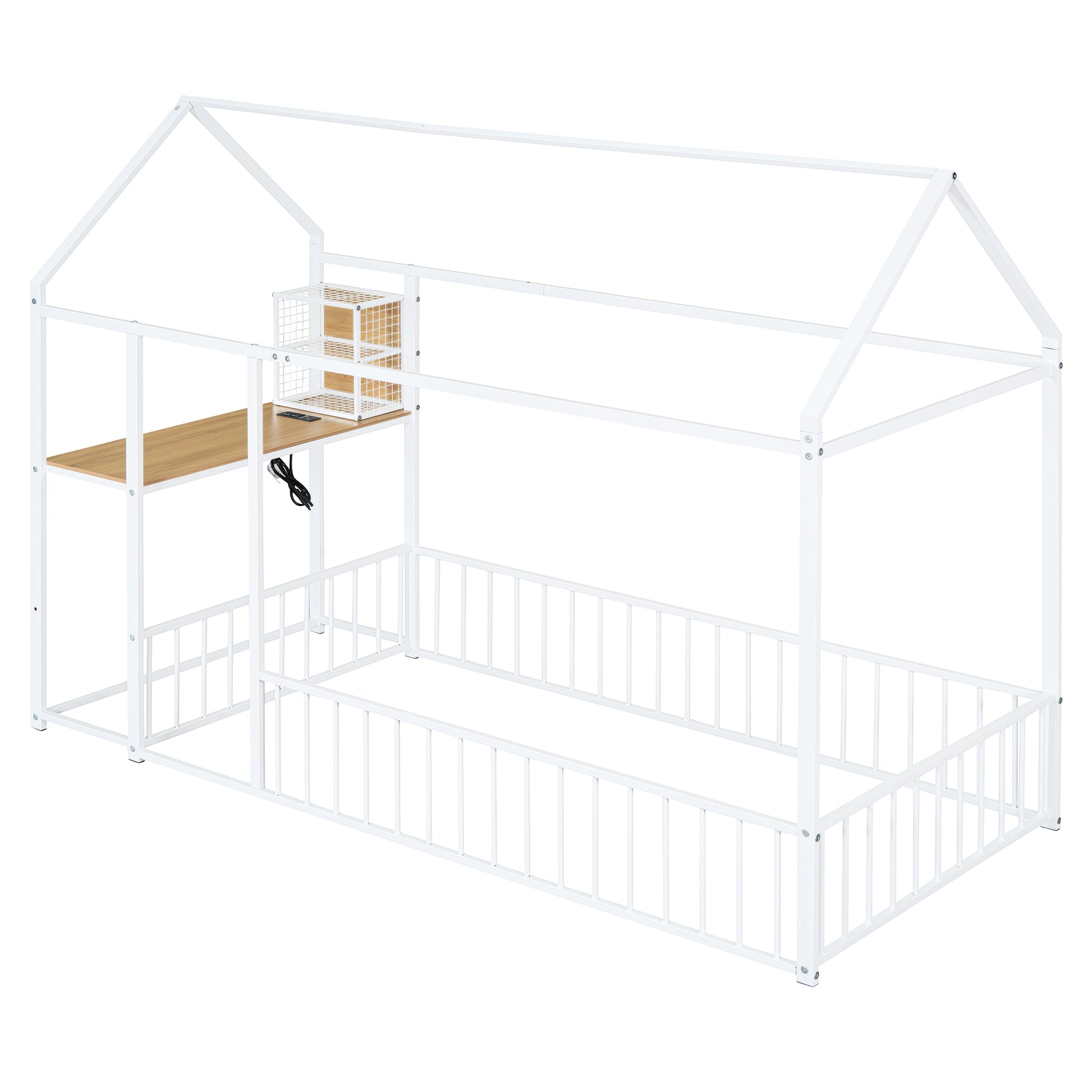Twin Size Metal Bed House Bed Frame With Desk, Shelves, Power Outlets And Usb Ports, White Twin White Metal