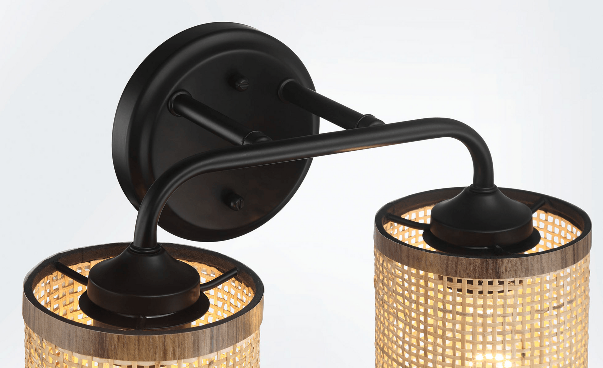 Quell Double Light Vanity With Natural Rattan Shade Wall Lamp Black,Rattan Metal,Rattan