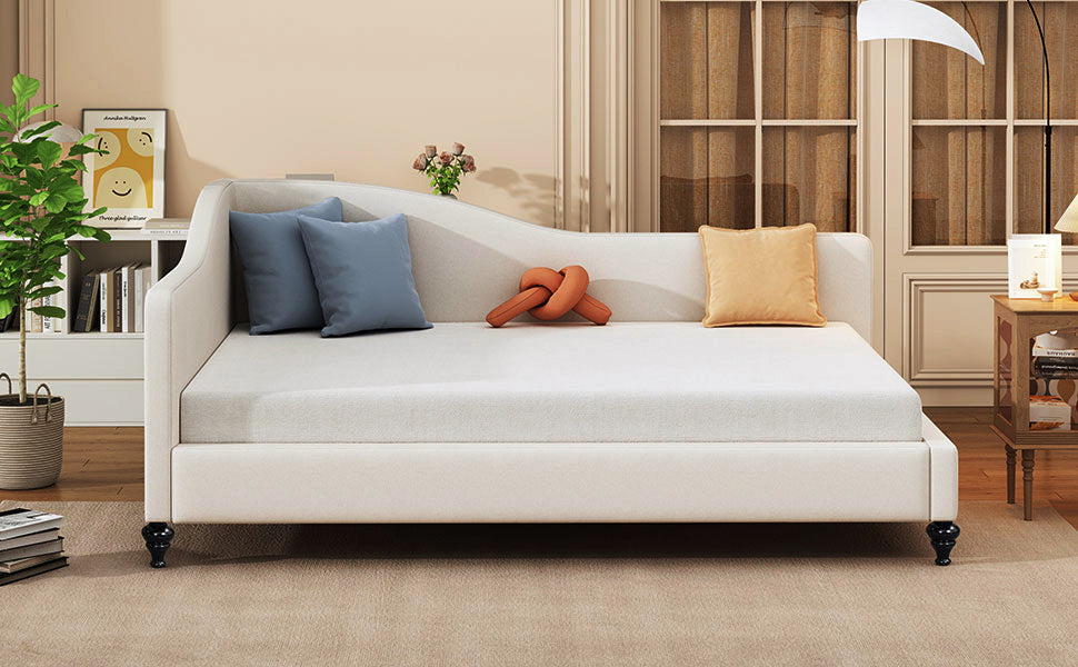 Full Size L Shaped Linen Daybed, With Solid Wood Legs, Beige Old Sku: Sf000146Aaa Full Beige Linen Mdf