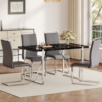 Table And Chair Set.A Rustic Industrial Rectangular Mdf Black Dining Table With Mdf Desktop And Electroplated Silver Metal Legs.Paried With 4 Chairs With Pu Cushion And Metal Legs. Black,Dark Gray,Silver Seats 4 Mdf Metal