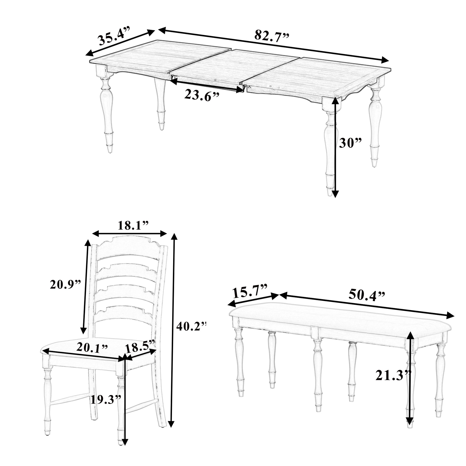 Vintage Traditional 6 Piece 82.7Inch Extendable Dining Table Set With 23.6Inch Removable Leaf, 50.4Inch Upholstered Dining Bench And 4 Chairs For 6, Brown Cream Wood Dining Room Distressed Finish Rubberwood Rectangular Dining Table With Bench Wood Wood