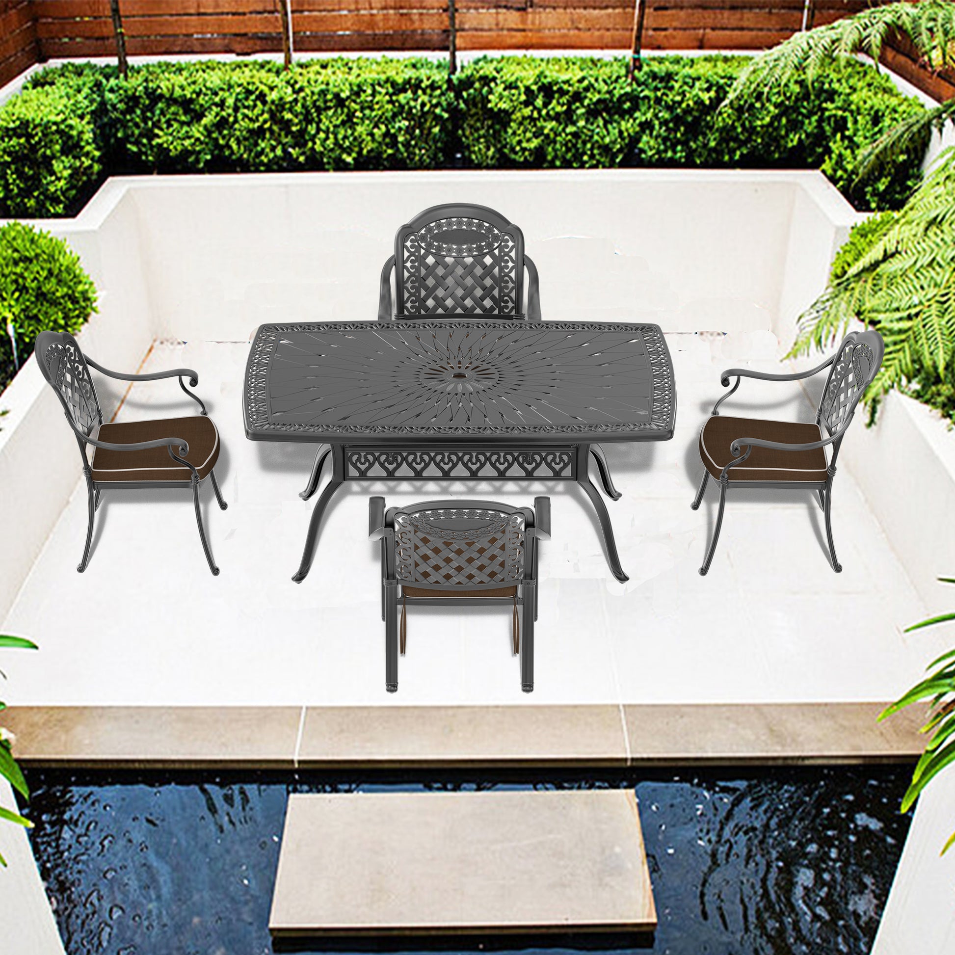 Cushions In Random Colors 5 Piece Set Of Cast Aluminum Patio Furniture With Cushions Yes Dining Set Black Seats 4 Rust Resistant Frame Water Resistant Cushion Garden & Outdoor Complete Patio Sets Aluminium