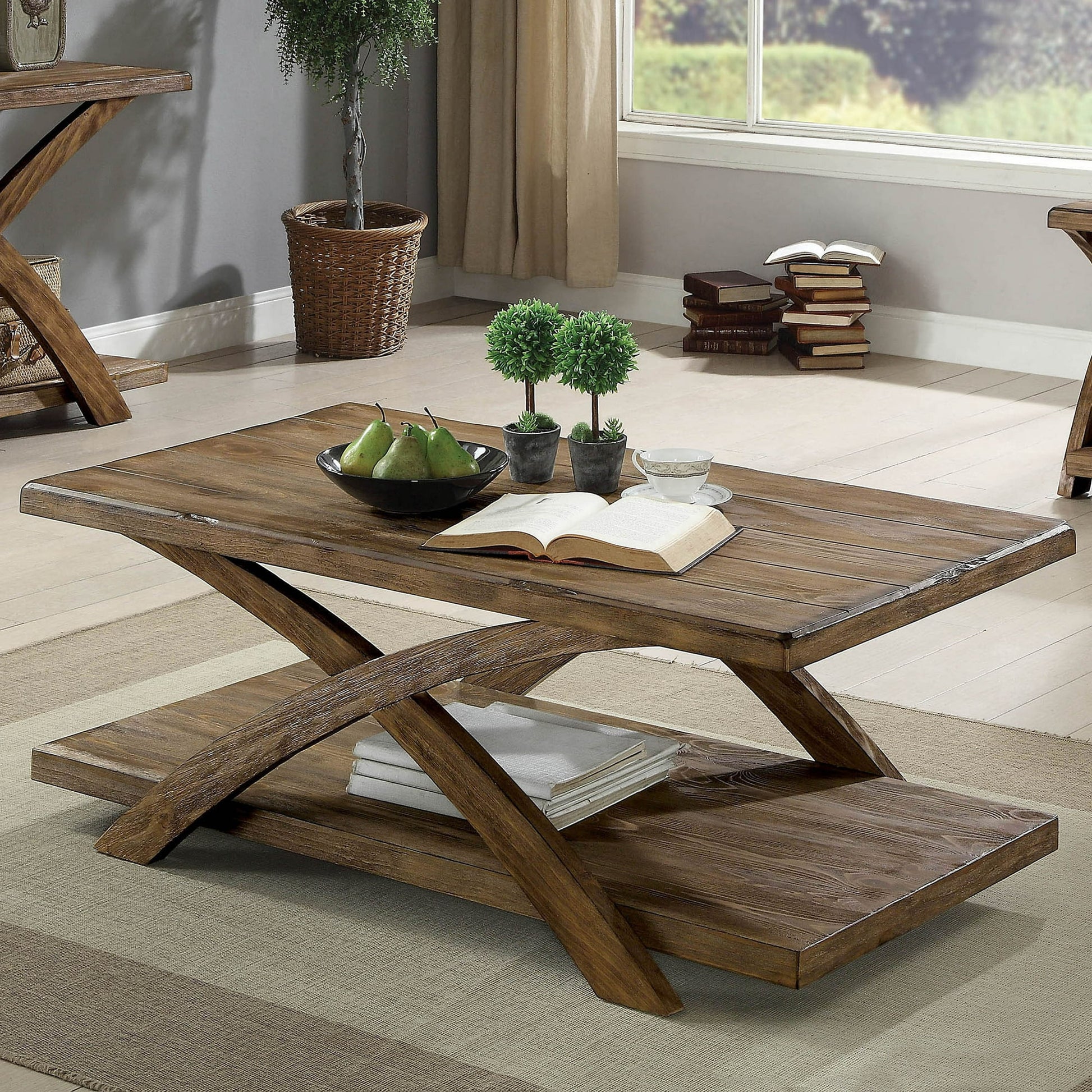 Transitional 3Pc Table Set Occasional Tables Living Room 1X Coffee Table And 2X End Tables Plank Style Top Antique Light Oak Light Oak Primary Living Space Antique,Contemporary,Modern,Rustic,Transitional Rubberwood Open Storage Rectangular Coffee & End