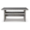 Dune 59 Inch Outdoor Table, Smooth Gray Resin Wicker, Open Bottom Shelf Gray Aluminium