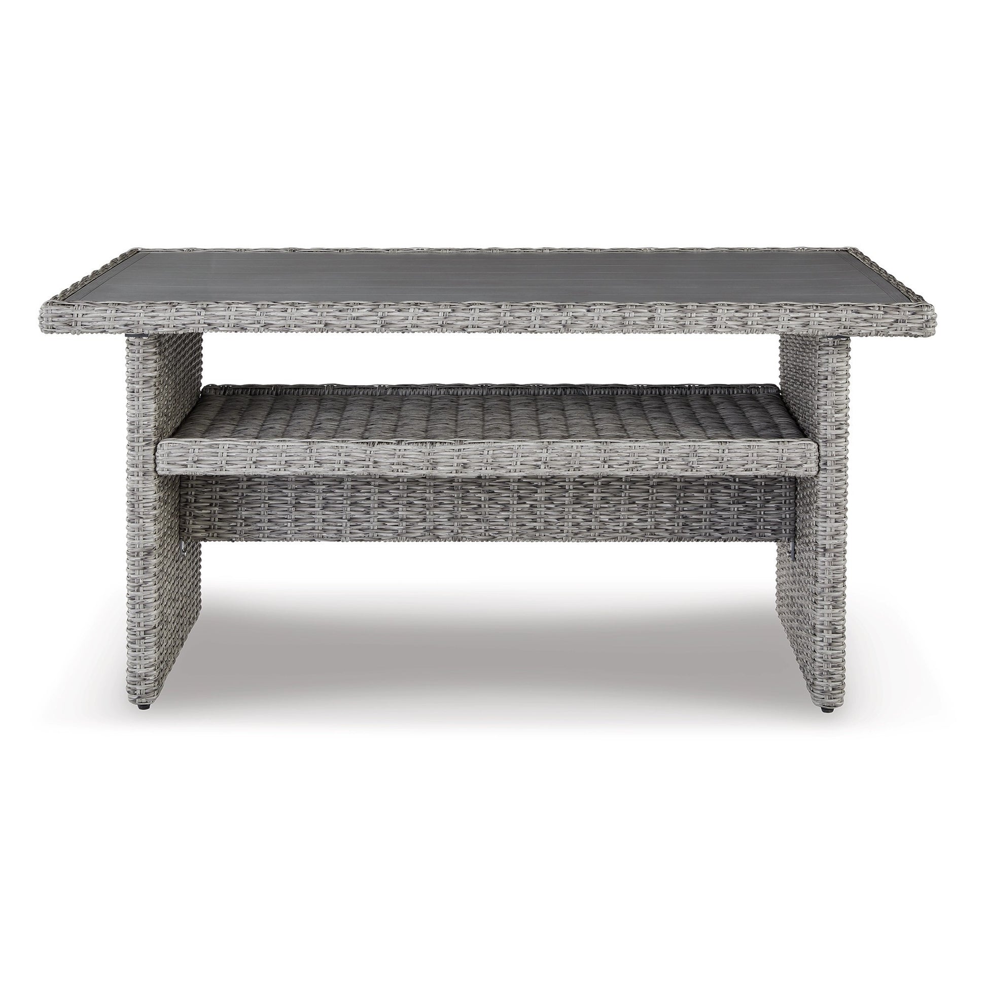 Dune 59 Inch Outdoor Table, Smooth Gray Resin Wicker, Open Bottom Shelf Gray Aluminium