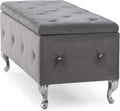 1Pc Glam 38 Inches Storage Ottoman Bench For Upholstered Tufted Gray Velvet Polyester Organizer Bedroom Living Room Entryway Hallway Tufted Gray Polyester Primary Living Space Solid Grey Traditional Foam Faux Leather