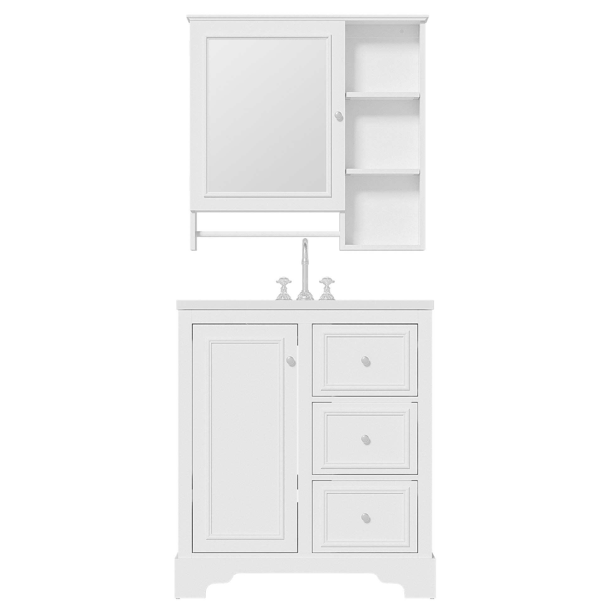 30 Inch Bathroom Vanity With Sink, Modern Elegant Bathroom Storage Cabinet With 3 Drawers And Adjustable Shelves, Freestanding Vanity Set With Mirror Cabinet, Single Sink Bathroom Vanity White Bathroom Solid Wood Mdf Glass