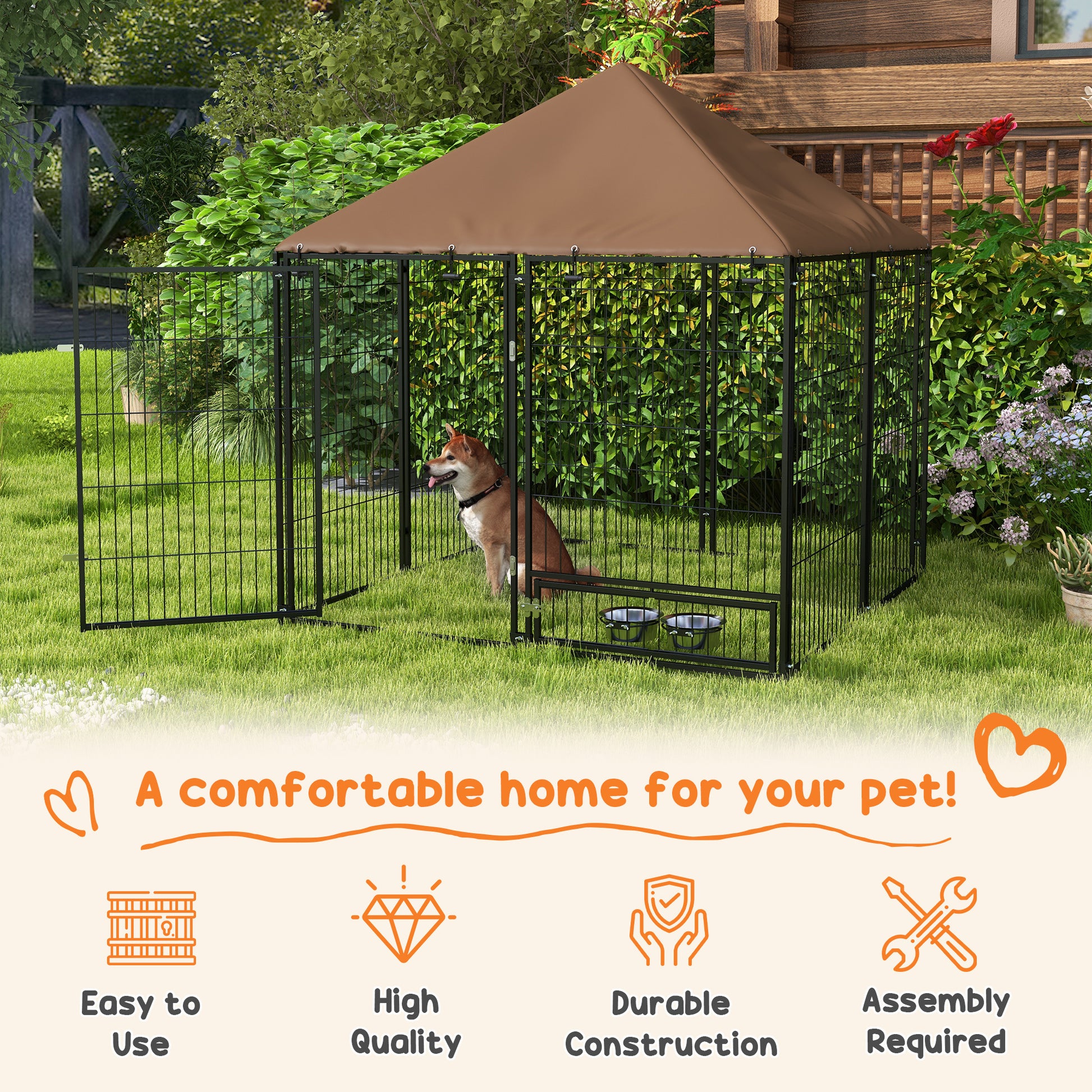 Pawhut Outside Dog Kennel, 4.6' X 4.6' X 5' Puppy Play Pen With Canopy, Garden Playpen Fence Crate Enclosure Cage Rotating Bowl, Black Black Steel