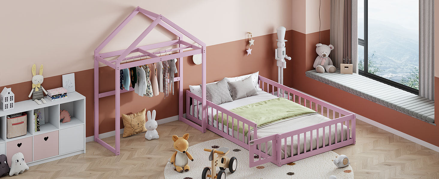 Wooden Floor Bed With Fence Railings And Detachable House Shape Headboard,Full Size Bed With Kids Dress Up Rack, Kids Montessori Style Playhouse Frame For Girls Boys, Pink Full Pink Wood