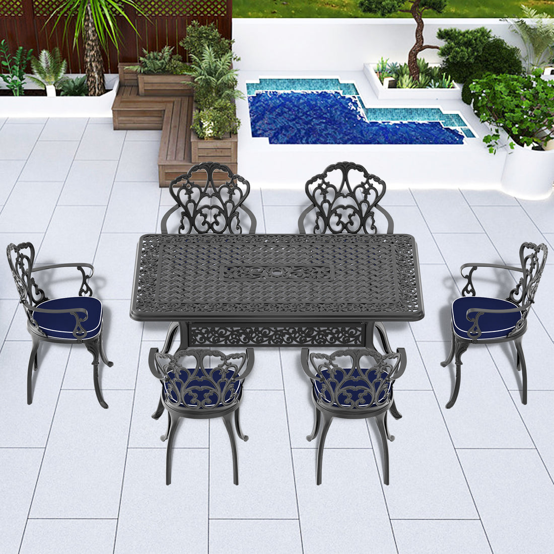 Cushions In Random Colors 7 Piece Set Of Cast Aluminum Patio Furniture With Cushions Yes Dining Set Black Seats 6 Rust Resistant Frame Water Resistant Cushion Garden & Outdoor Complete Patio Sets Aluminium