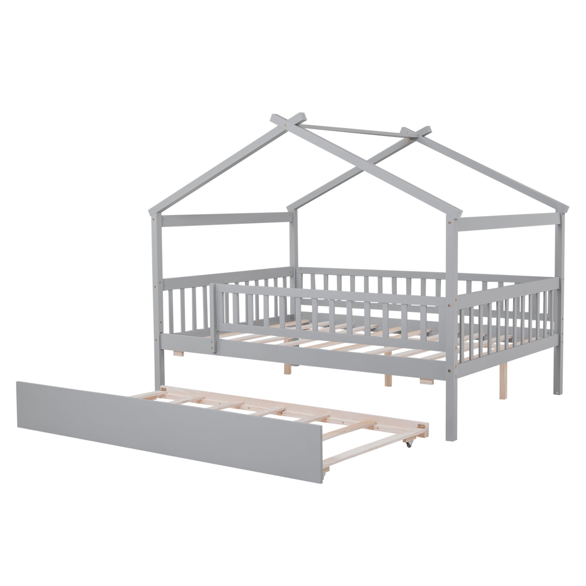 Full Size Wooden House Bed With Twin Size Trundle, Gray Full Gray Solid Wood Mdf