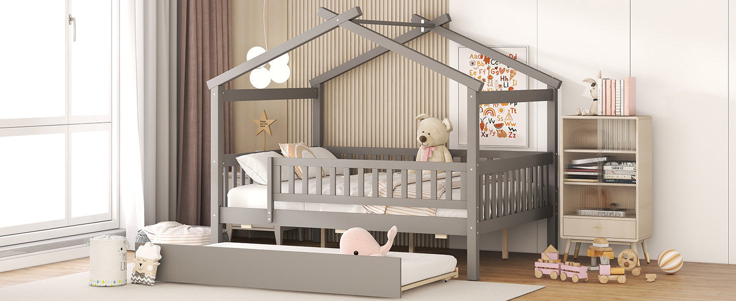 Full Size Wooden House Bed With Twin Size Trundle, Gray Full Gray Solid Wood Mdf