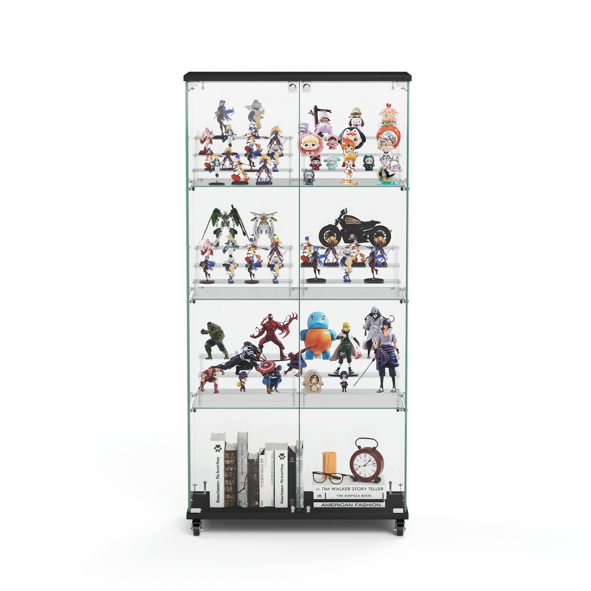4 Tier Glass Display Cabinet, Double Door Glass Cabinet With Two Locks, Floor Standing Storage Cabinet With 6 Acrylic Shelves For Living Room, Bedroom And Office, Black, 31.5"L X 14.2"W X 65.1"H