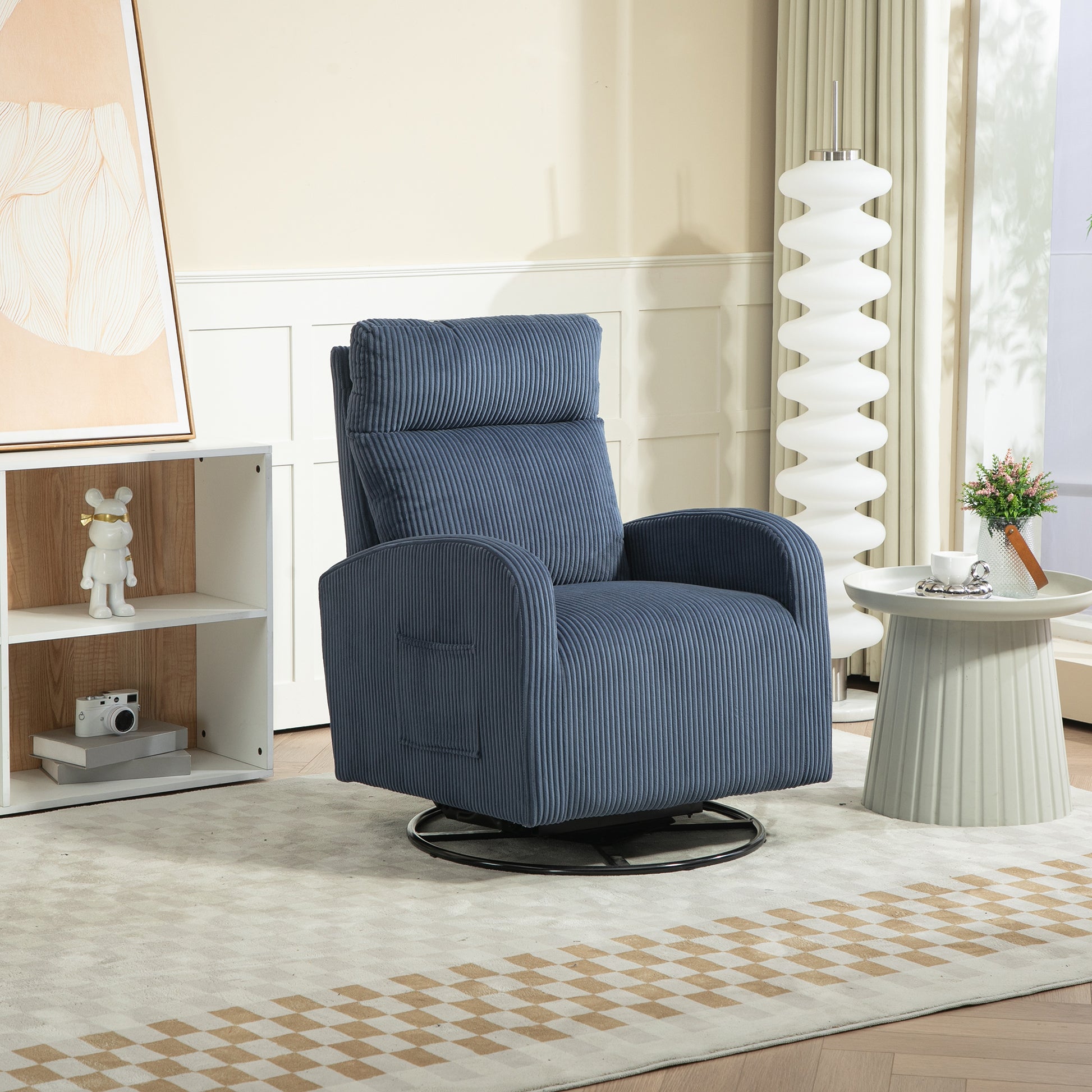 Jiada Upholstered Swivel Glider.Flannel Fabric.Rocking Chair For Nursery In Navy Blue.Modern Style One Left Bag Navy Blue Primary Living Space Foam Fabric Metal