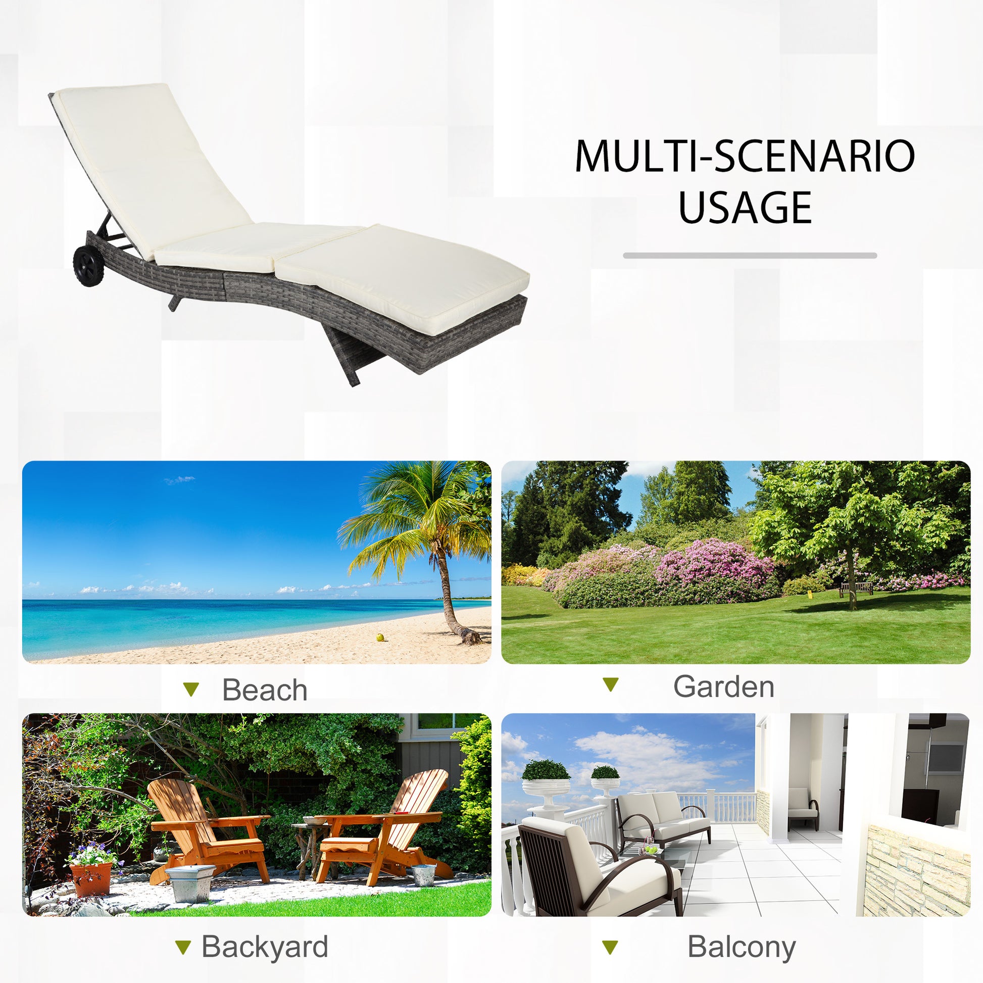 Outsunny Wicker Chaise Lounge Pool Chair, Outdoor Pe Rattan Cushioned Patio Sun Lounger W 5 Level Adjustable Backrest & Wheels For Easy Movement, Cream White Cream White Rattan