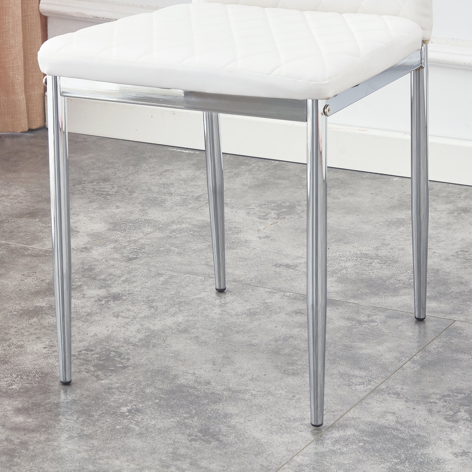 Table And Chair Set.Large Modern Rectangular Table With Brown Glass Top And Silver Metal Legs. Paired With 4 White Chairs With Checkered Armless High Back Pu Cushion And Silver Metal Legs. Silver,White Seats 4 Glass Metal