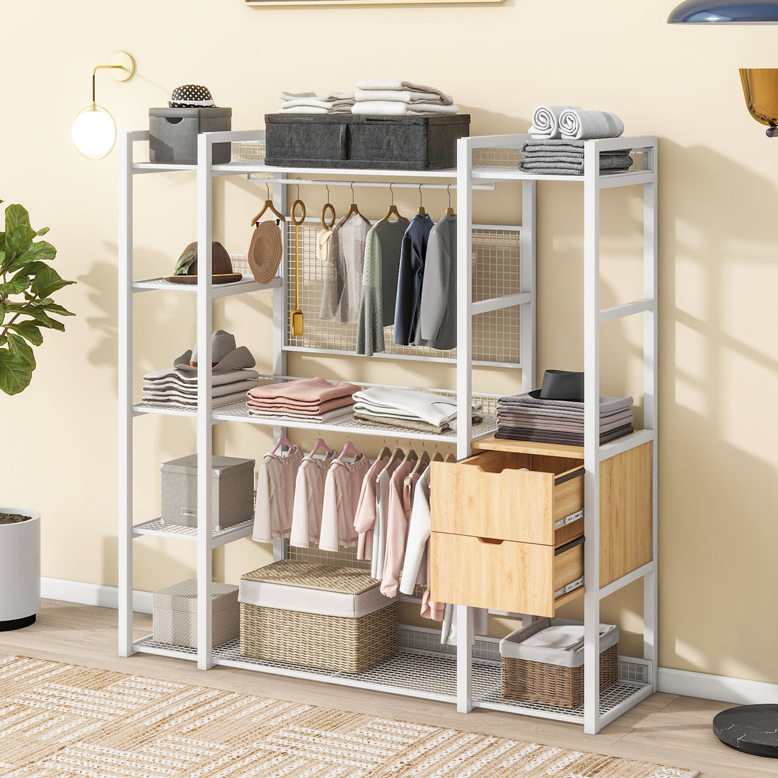 Open Style Wardrobe With Hanging Rails, Shelves And Drawers, White White Metal & Wood