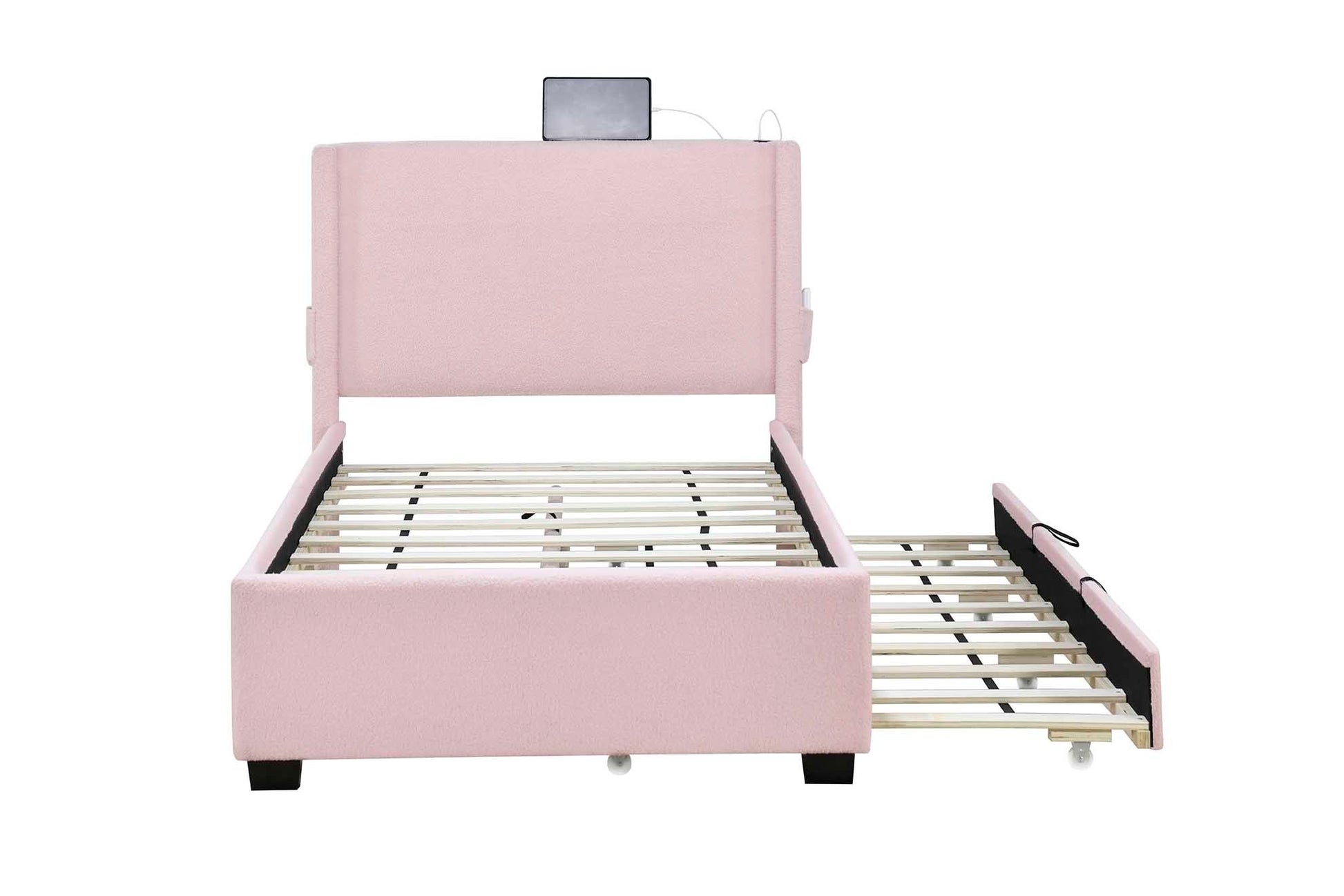 Pink Twin Size Upholstered Bed Frame With Trundle Bed, Teddy Fabric, Usb Functionality, And A Pocket Design On The Side Of The Headboard For Storing Small Items. Pink Is A Girl'S First Choice Box Spring Not Required Twin Baby Pink Wood Espresso Bedroom