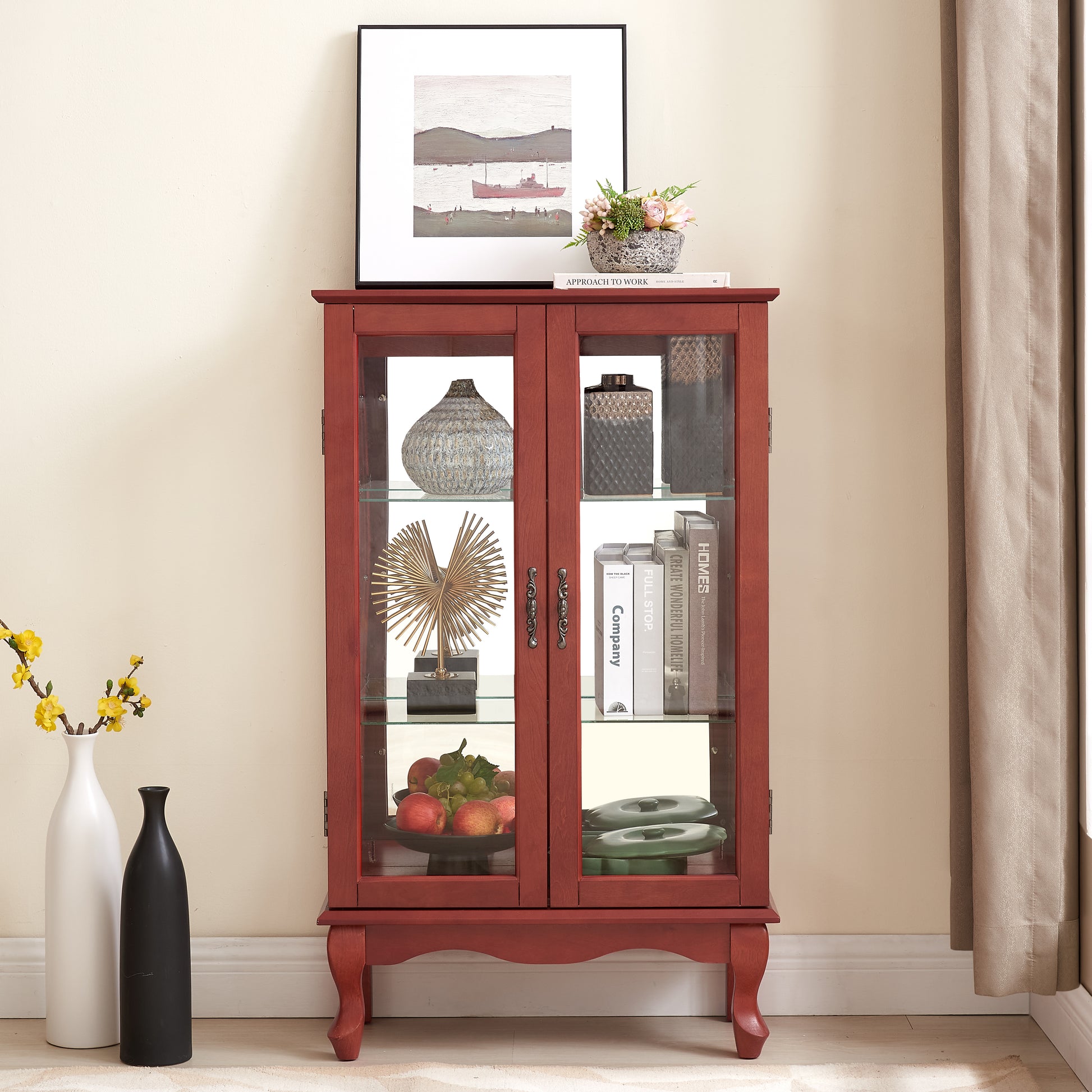 2 Doors Curio Cabinet With Tempered Glass Doors, Curio Cabinets With Mirrored Back Panel And Adjustable Shelves, Lighted Display Cabinet For Home, Office Light Bulb Included Cherry Cherry Mdf Glass