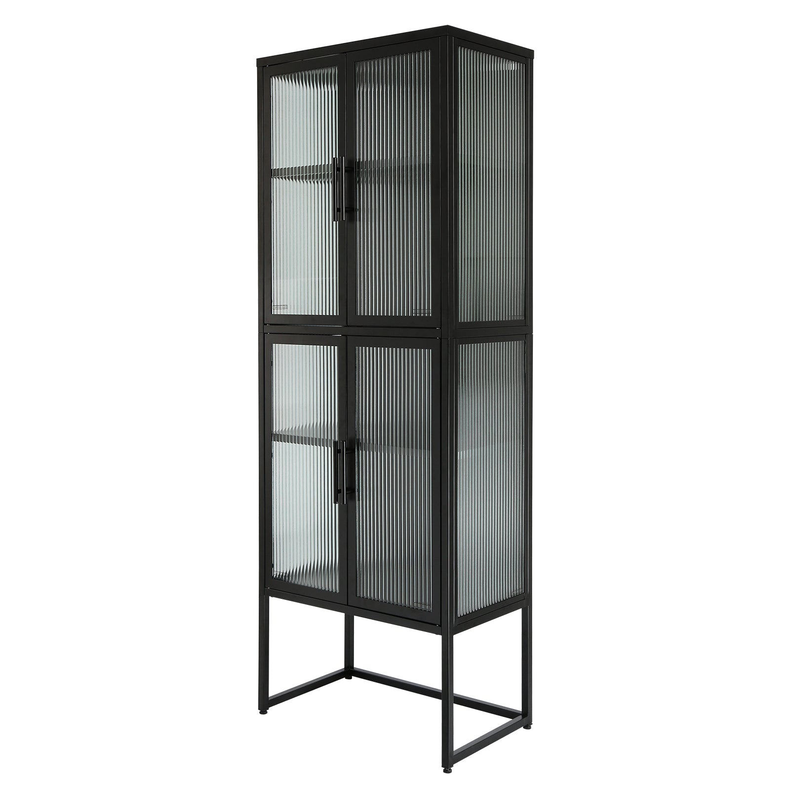 Stylish 4 Door Tempered Glass Cabinet With 4 Glass Doors Adjustable Shelves U Shaped Leg Anti Tip Dust Free Fluted Glass Kitchen Credenza Black Black Tempered Glass Sheet Metal Plastic