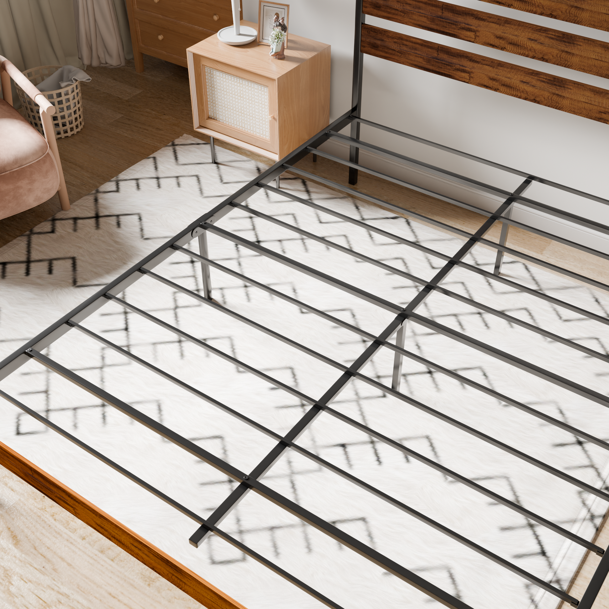 Iron Platform Bed Frame With Rustic Wood Headboard & Footboard Queen Size Brown Box Spring Required Queen Black,Brown Iron Brown Bedroom Minimalist,Modern Bed Frame Mdf Iron