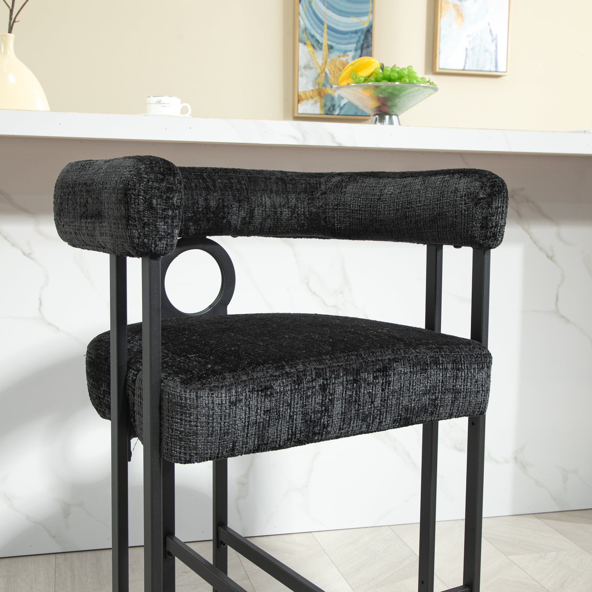 Coolmore Bar Stools Set Of 1, Modern Bar Stool With Back, Black Metal Frames, Upholstered Bar Stools For Kitchen Island, Pub, Club Black Chenille Black Primary Living Space Foam Chenille