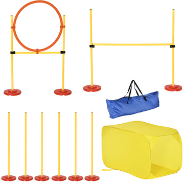 Pawhut 4 Piece Dog Agility Training Equipment Doggie Obstacle Course With Tunnel, Hurdle Bar, Hoop, Weave Poles, And Easy Carry Case Yellow Abs