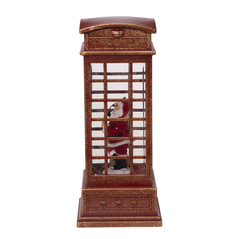 4X4X10"H Christmas Lighted Water Spinning Phone Booth With Santa On Phone, 3*Aa Batteries Required White Red Plastic