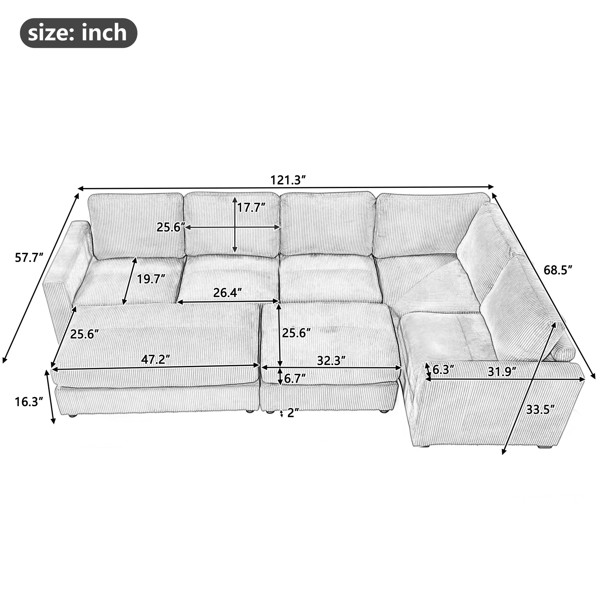 121.3" Sectional Couch Sofa Bed Modular Sofa With Two Movable Ottomans For Living Room Old Sku:N719S001640A , Beige Beige Foam Corduroy 7 Seat