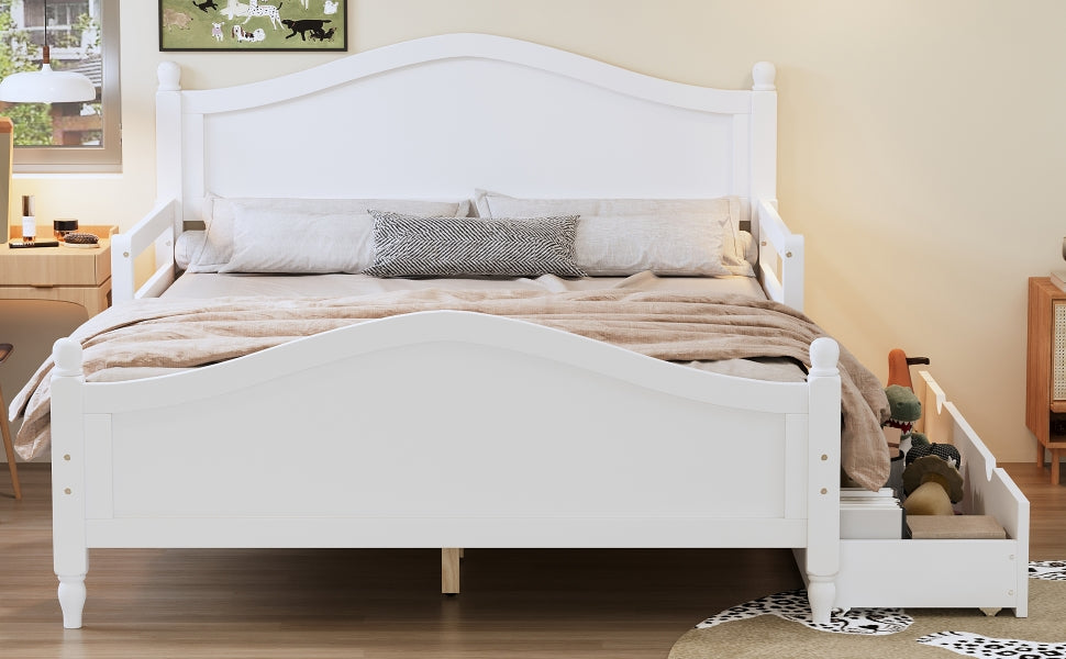 Full Size Wood Platform Bed With Guardrails On Both Sides And Two Storage Drawers ,White Full White Wood