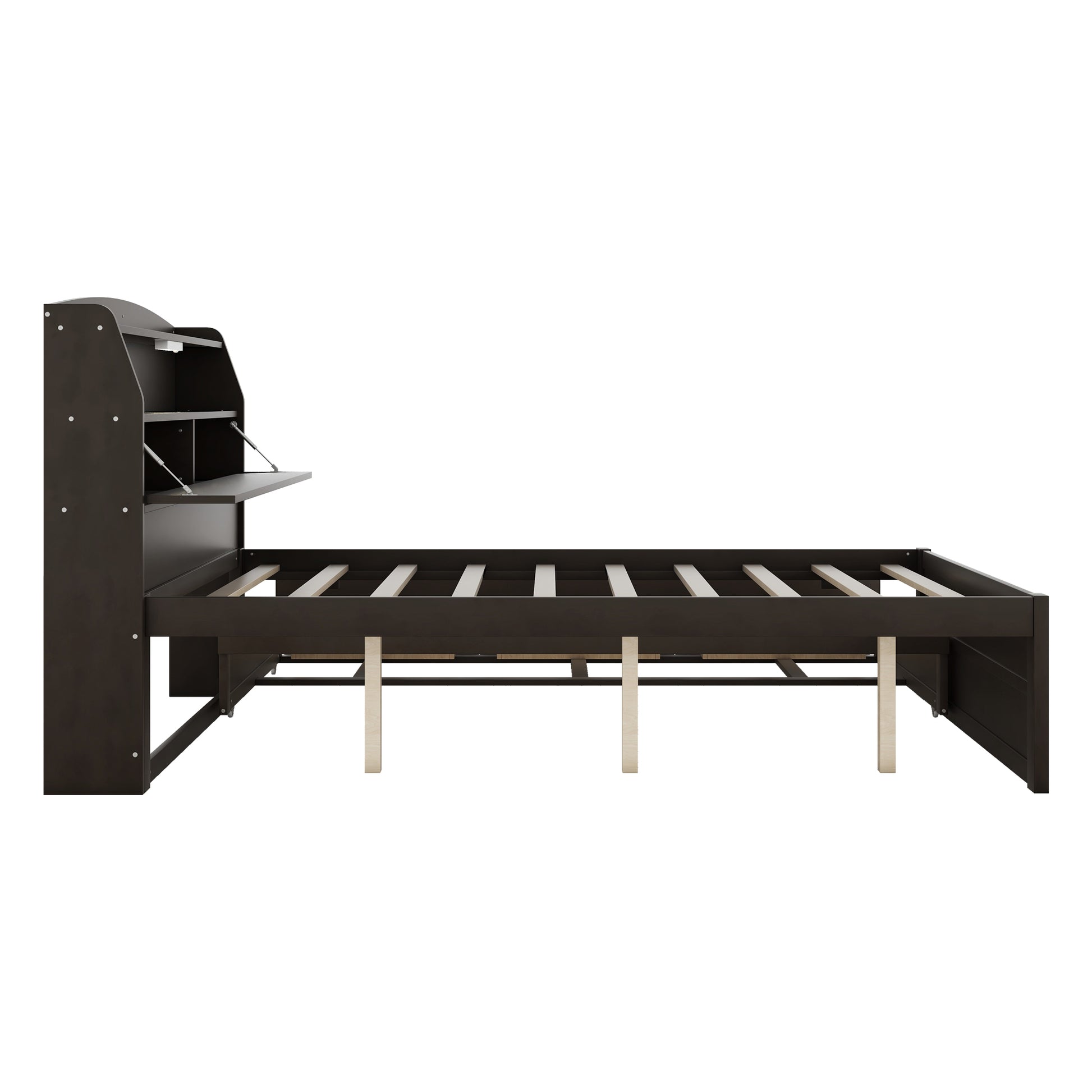 Full Size Wooden Led Platform Bed With Trundle, With Storage Headboard, With Drawers, Brown Full Brown Plywood