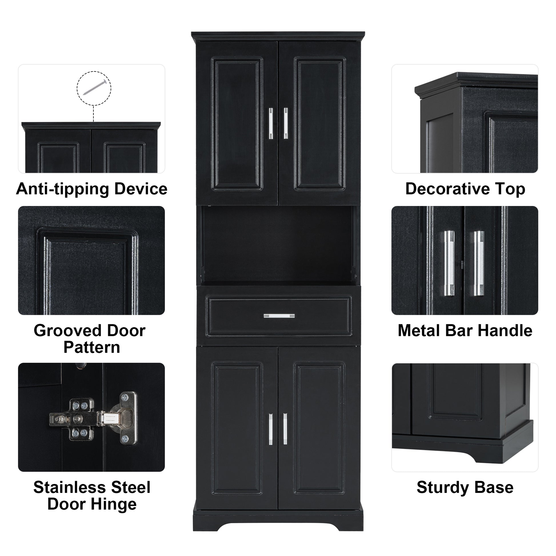 Tall Bathroom Cabinet With Four Doors, Large Storage Space Open Shelve, Upper Storage Cabinet, Black Black Mdf