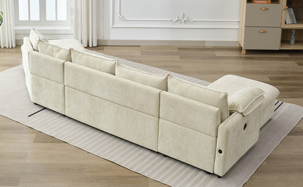 146.9" L Shaped Sofa Sectional Sofa Couch Pull Out Sofa Bed With A Movable Storage Ottoman, A Storage Chaise Lounge And Two Usb Ports For Living Room, Beige Beige Foam Linen 5 Seat