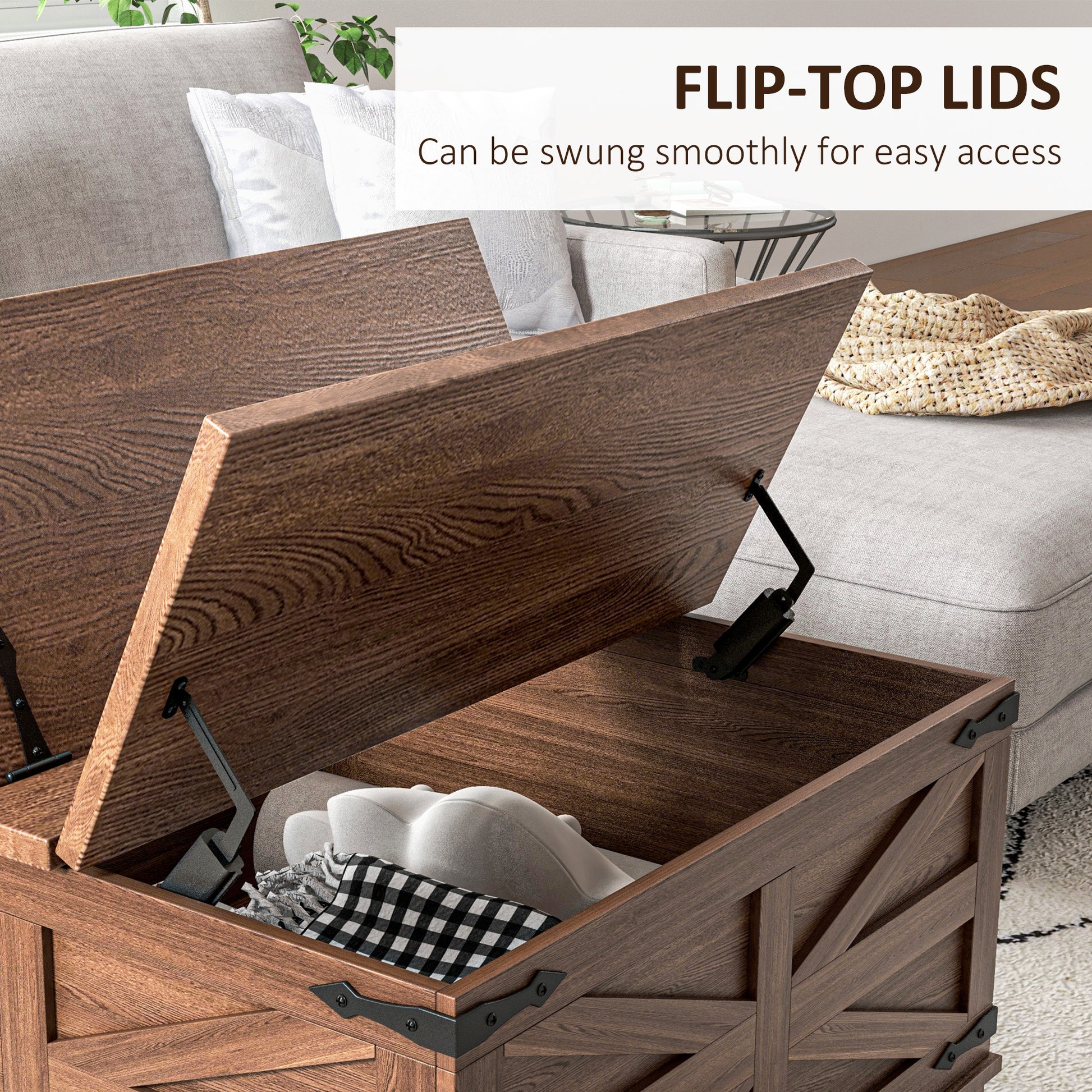 Homcom Farmhouse Coffee Table With Storage, Center Table With Hinged Lift Top And Hidden Space, Square Coffee Table For Living Room, Distressed Brown Brown Particle Board