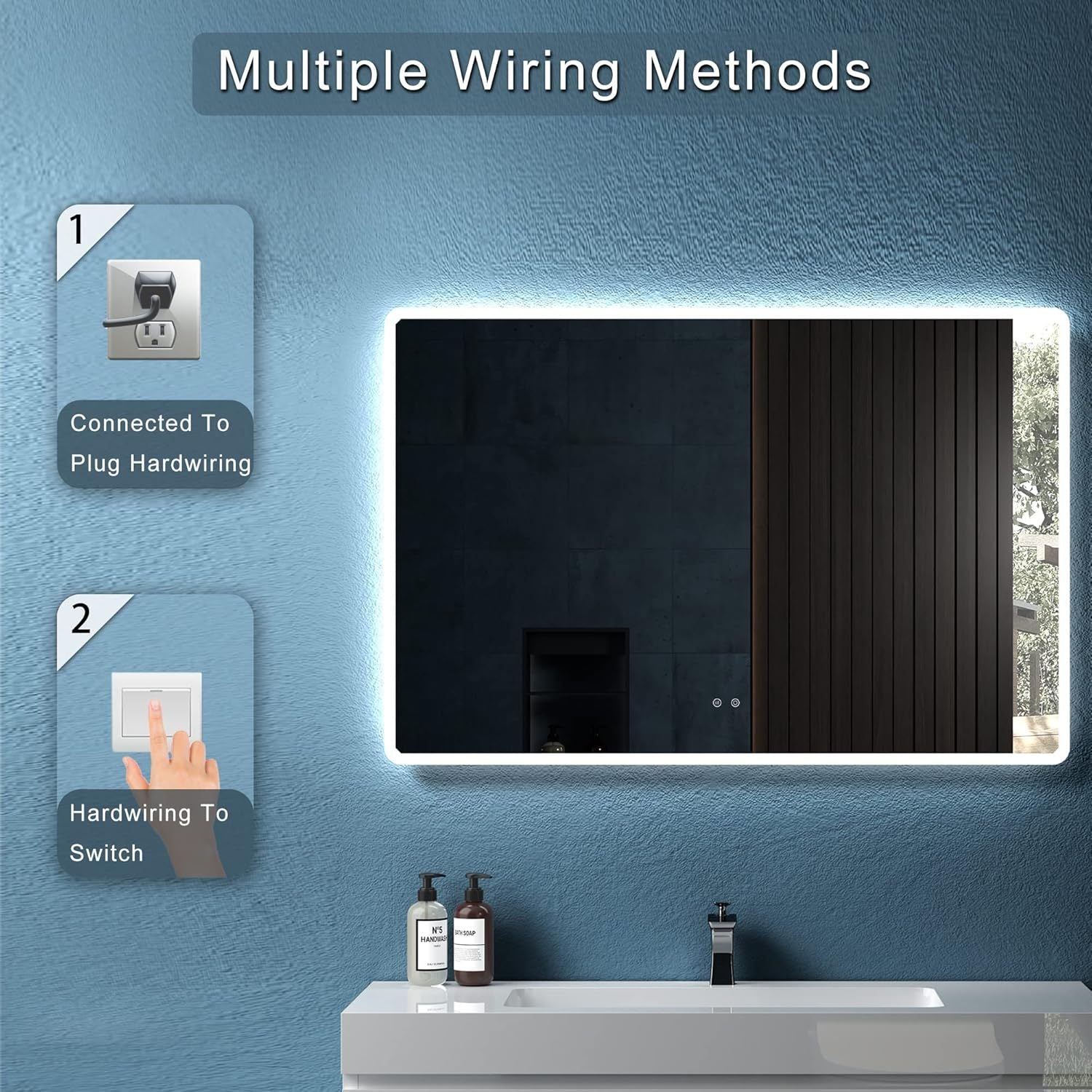 48" W X 32" H Modern Wall Mounted Led Backlit Anti Fog Rounded Rectangular Bathroom Mirror With Us Standard Plug, Temperature Adjustable And Memory Function Touch Switch White Glass