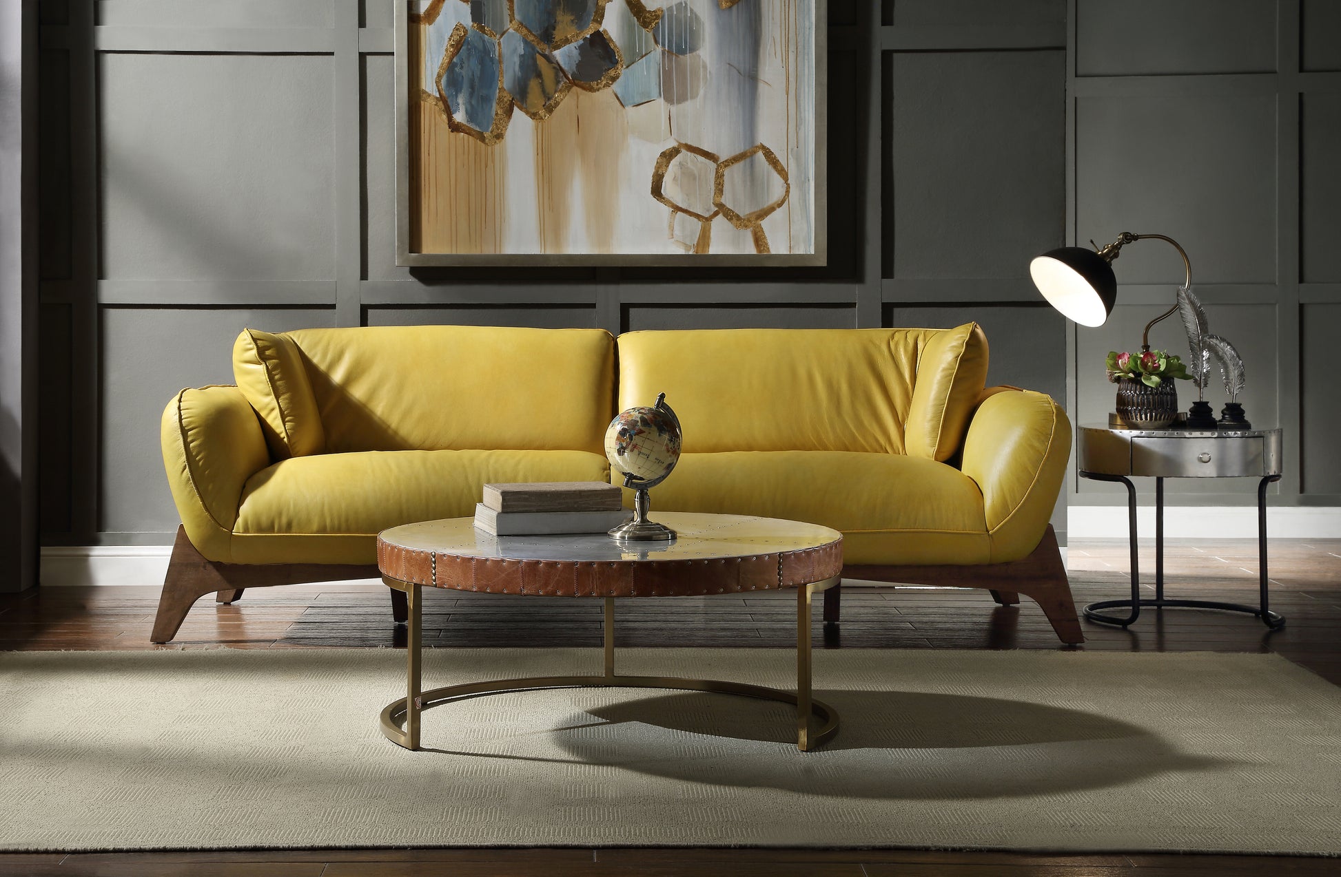 Aluminum And Cocoa Drum Coffee Table Brown Gold Primary Living Space Modern Round Genuine Leather Sled