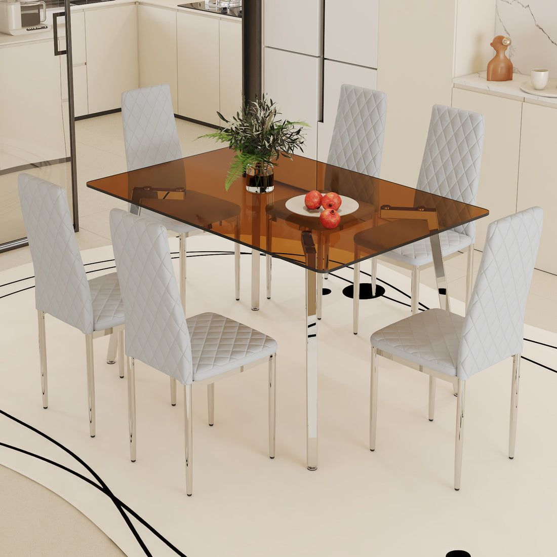 Table And Chair Set.Large Modern Rectangular Table With Brown Glass Top And Silver Metal Legs. Paired With 6 Light Gray Chairs With Checkered Armless High Back Pu Cushion And Silver Metal Legs. Light Gray,Silver Seats 6 Glass Metal