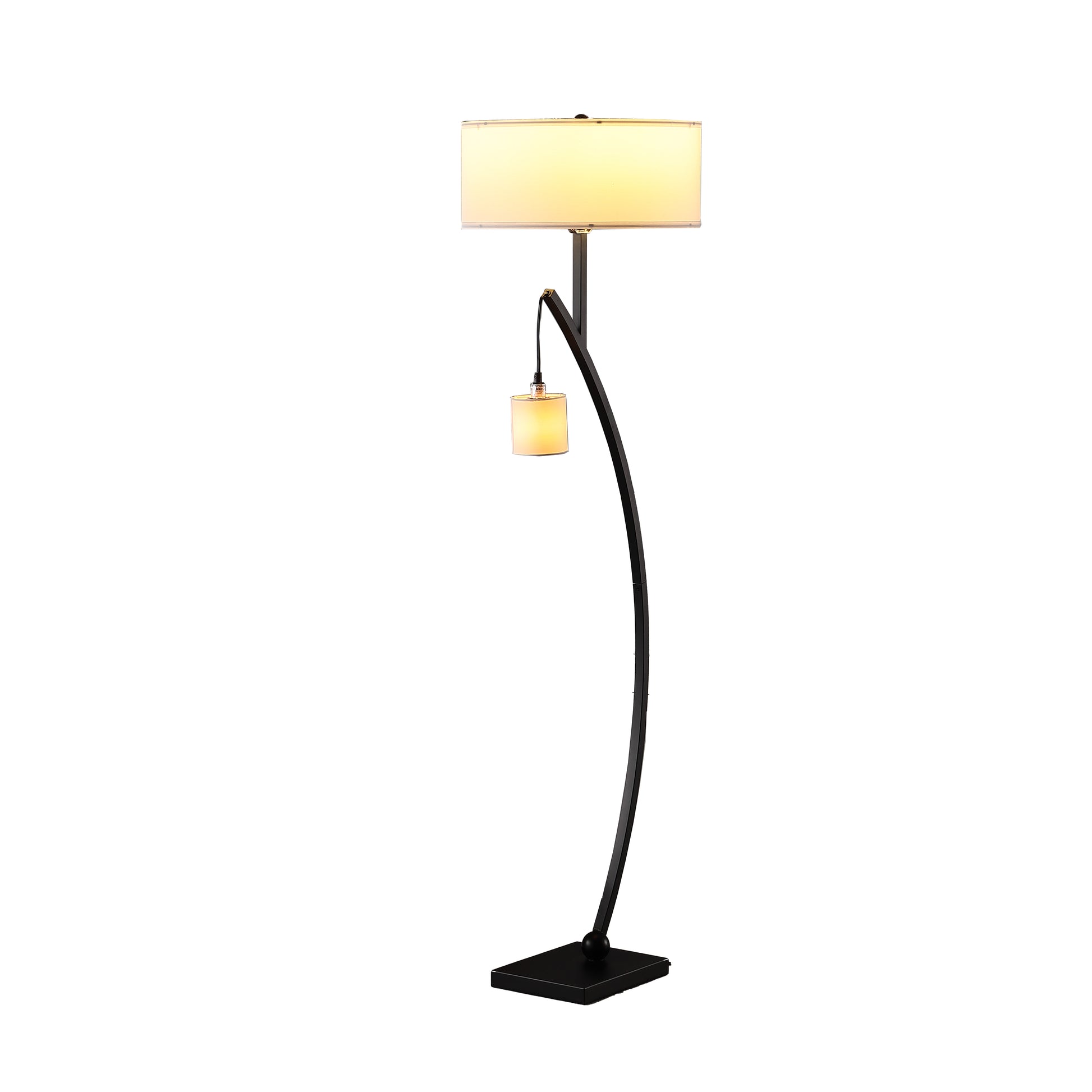 59" In Contemporary Dual Black Arc W Hanging Pendelum Lamp Metal Floor Lamp Matte Black Fabric Metal