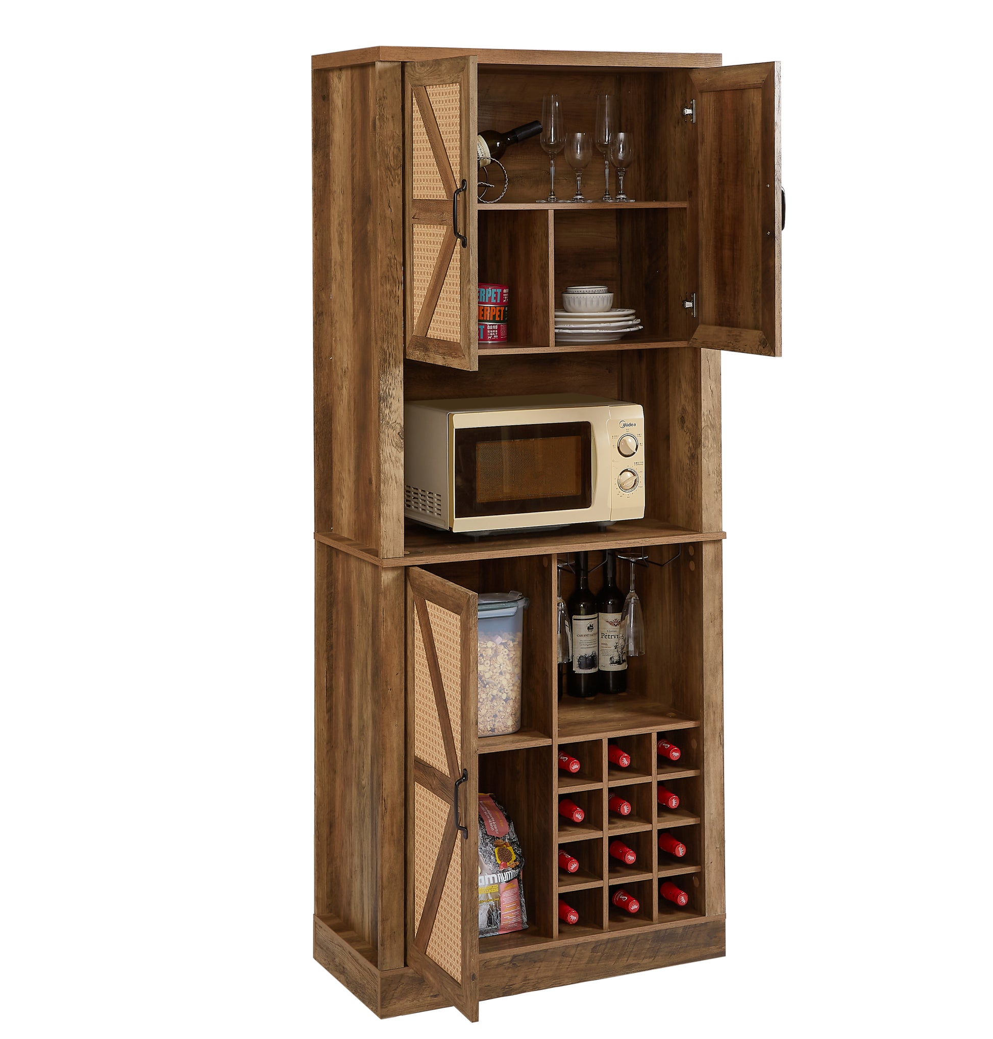 76 Inch Tall Rustic Oak Color Farmhouse Kitchen Faux Rattan Wine Cabinet, Kitchen Bar Cabinet With Square Compartmentslarge Wooden Faux Rattan Storage Cabinet With Barn Doors And Microwave Shelves Oak Particle Board Mdf