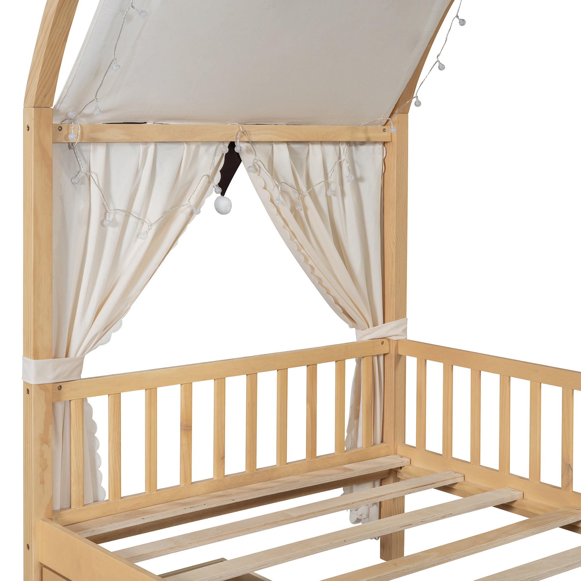 Twin Size Bed With Arched Roof And 2 Drawers, Natural Twin Natural Plywood