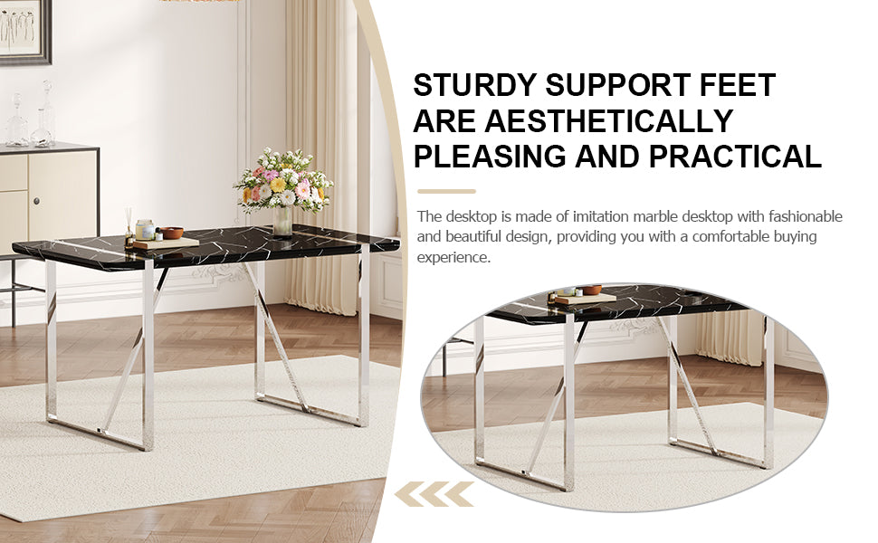 Table And Chair Set.A Rustic Industrial Rectangular Mdf Black Dining Table With Mdf Desktop And Electroplated Silver Metal Legs.Paried With 6 Chairs With Pu Cushion And Metal Legs. Black,Silver Seats 6 Mdf Metal