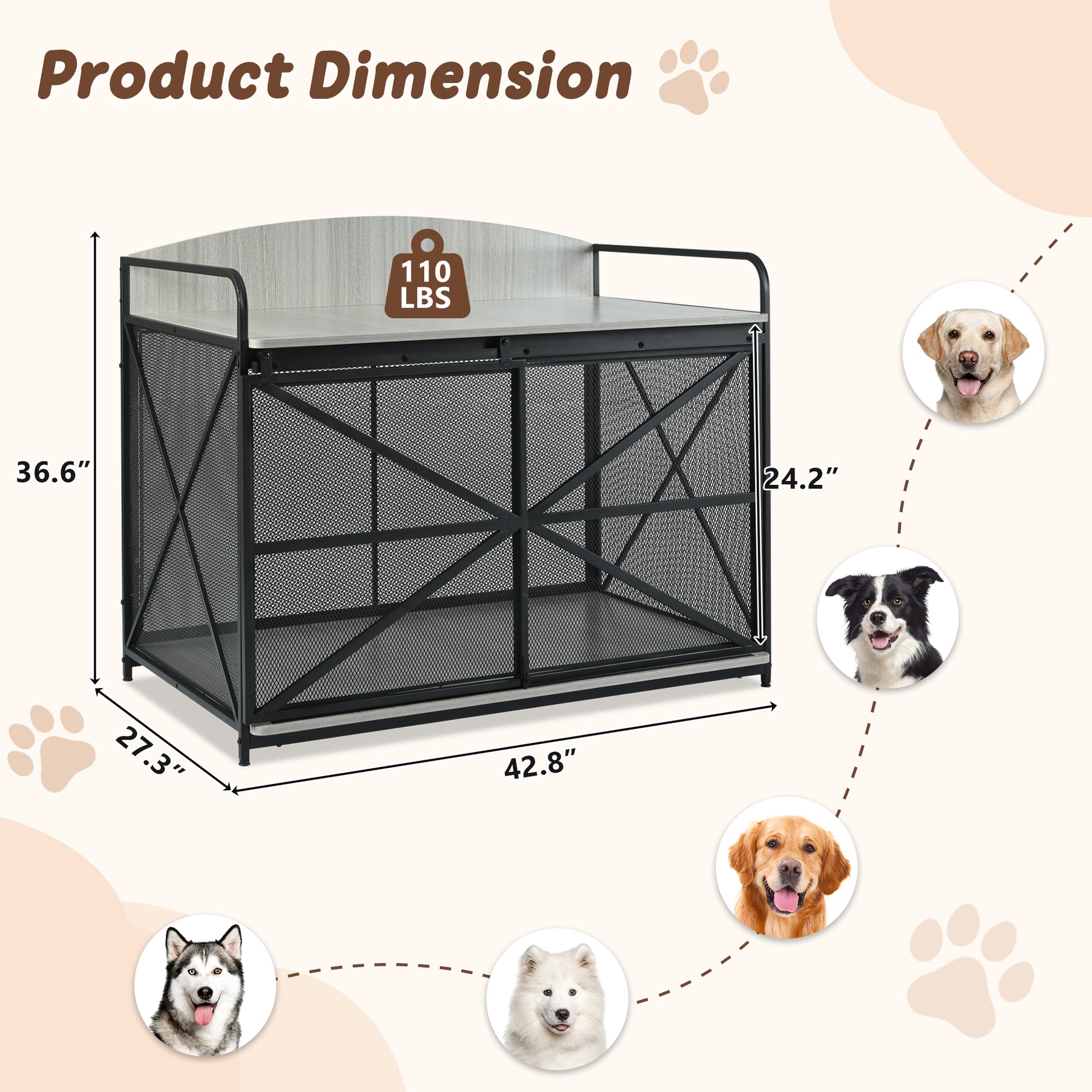 42.8" Heavy Duty Large Dog Crate Furniture For Large Medium Dog, Farmhouse Wooden Dog Kennel Indoor End Table, Decorative Pet House For Large Dogs, Gray Gray Pet Barrier Large 41 70 Lbs Iron,Mdf
