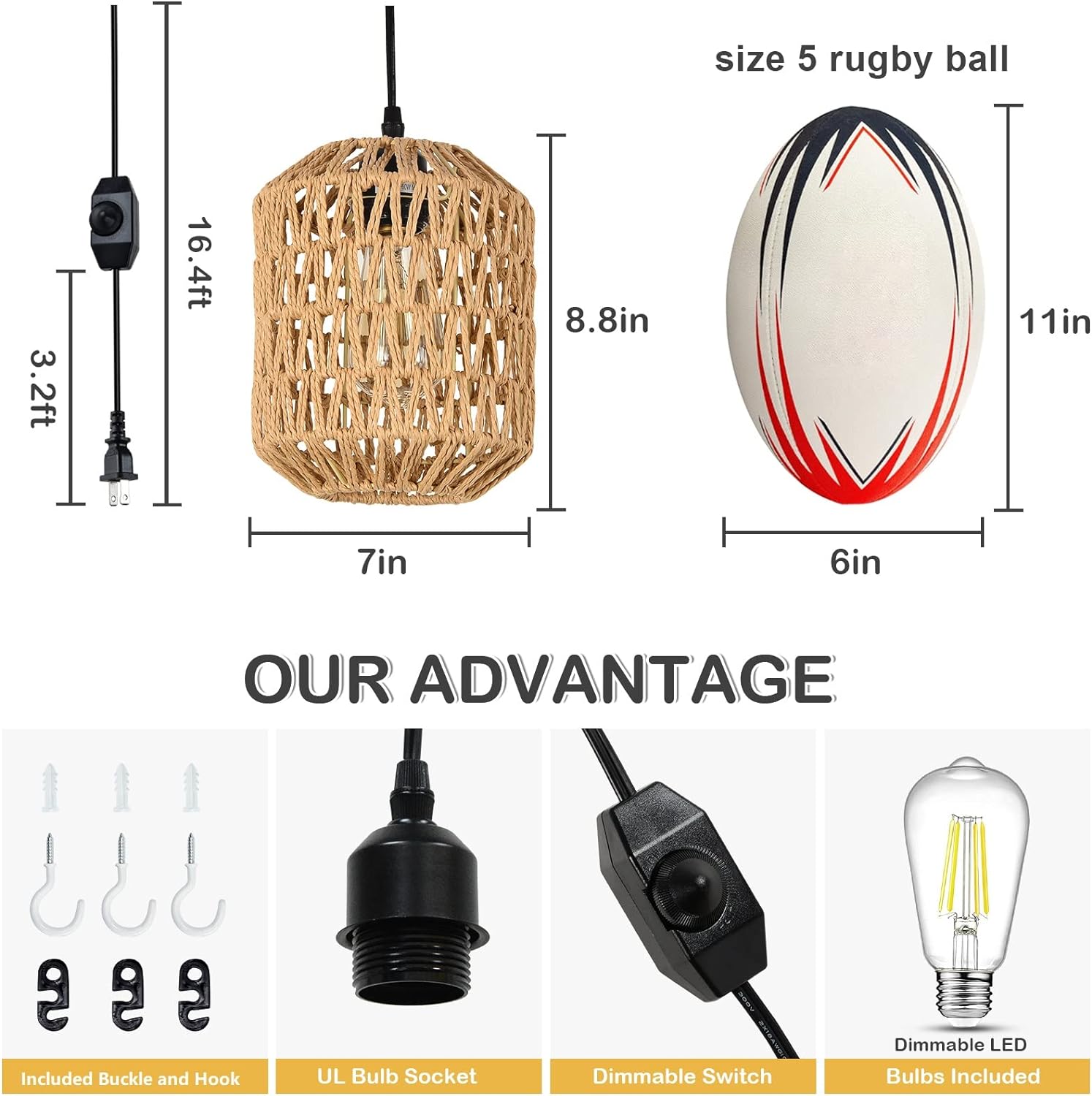 Plug In Pendant Light With Led Bulb, Rattan Hanging Lamp With 16Ft Dimmable Cord, Hand Woven Wicker Plug In Chandelier, Boho Hanging Lights Fixture With Plug In Cord For Bedroom Hallway Foyer Brown Rattan Metal