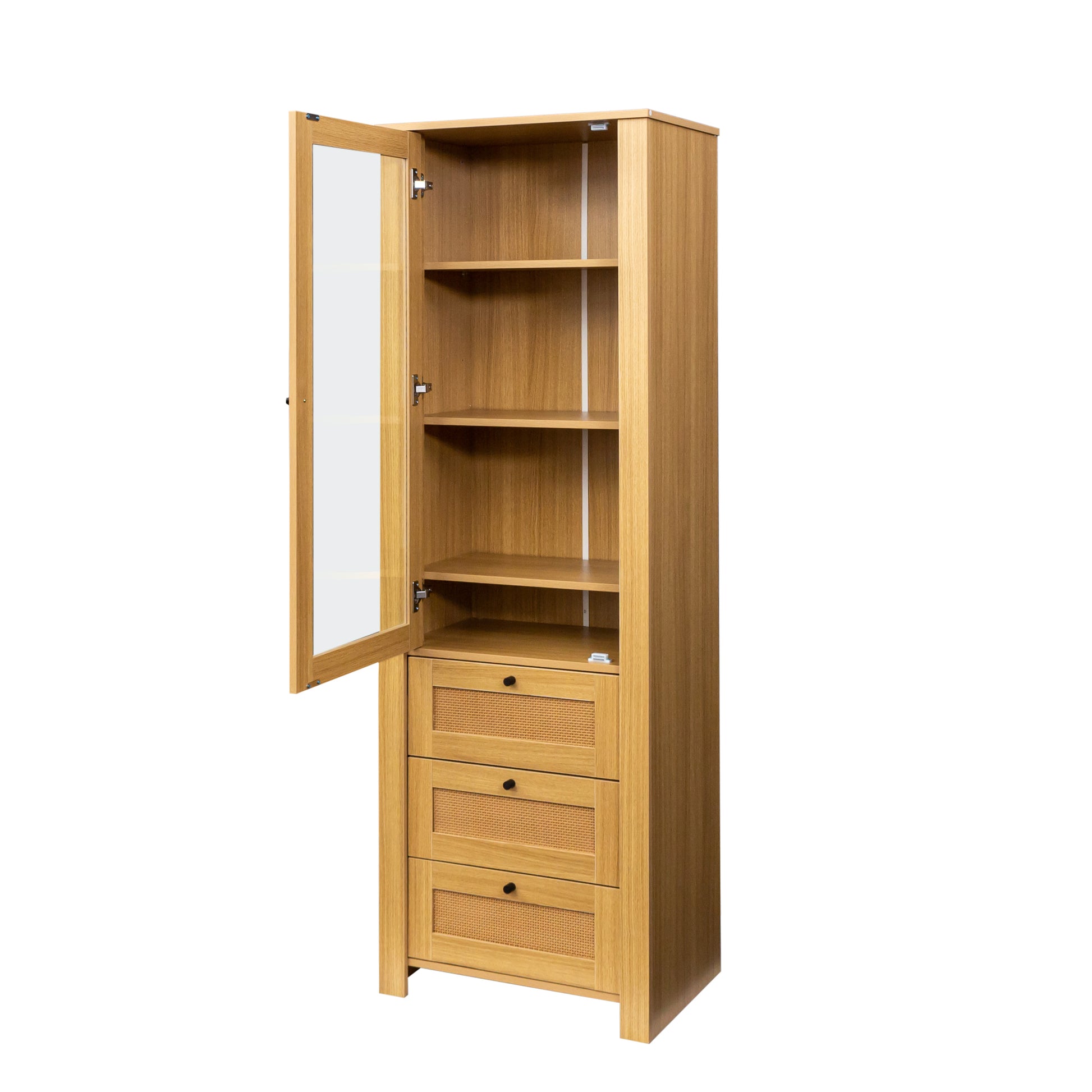 Rattan Door Bookshelf Display Case With Drawer Finish Open Storage Shelves Bookcase Oak Mdf