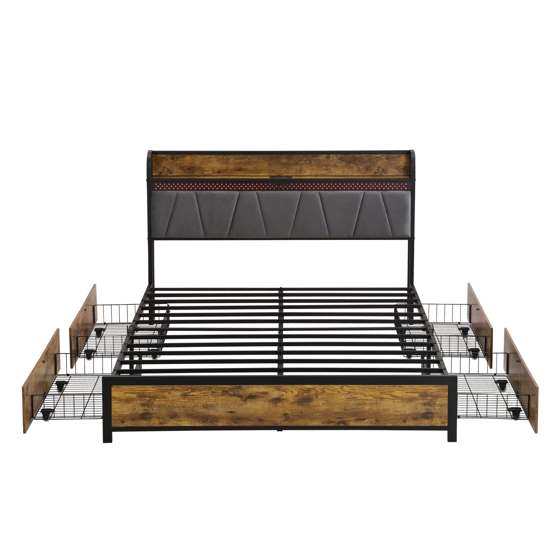 Queen Size Bed Frame, Storage Headboard With Charging Station And 4 Storage Drawers,Led Lightsbrown And And Gray Queen Black Brown Grey Mdf Metal