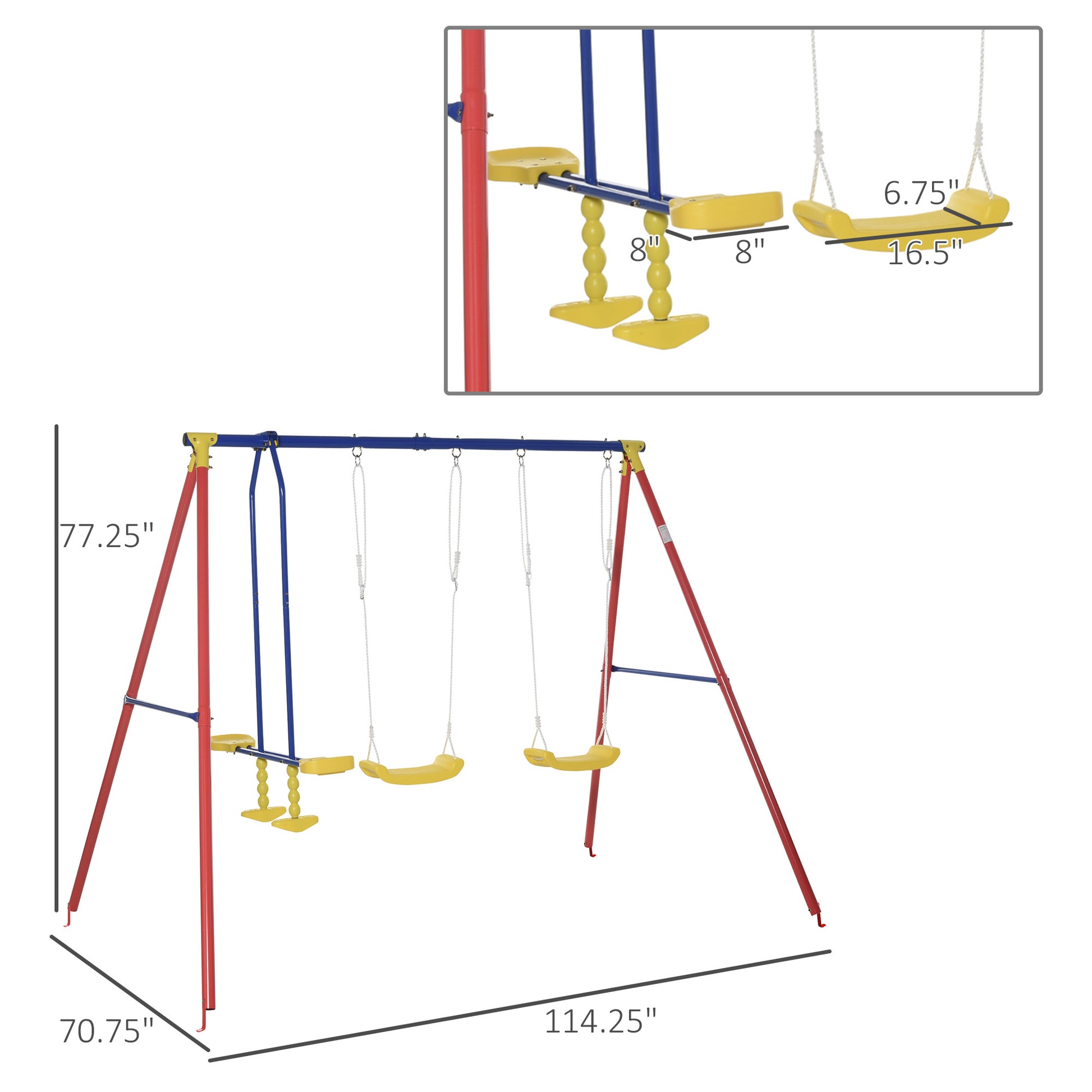 Outsunny Metal Swing Set With Glider, Two Swing Seats And Adjustable Height, Outdoor Heavy Duty A Frame Suitable For Playground, Backyard, Multi Color Multicolor Metal