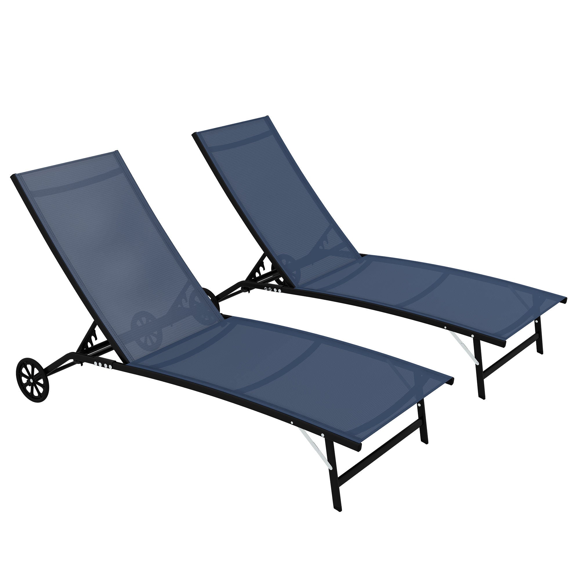 Outsunny Chaise Lounge Outdoor, 2 Piece Lounge Chair With Wheels, Tanning Chair With 5 Adjustable Position For Patio, Beach, Yard, Pool, Dark Blue Blue Fabric