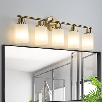 5 Light Golden Bathroom Vanity Light Fixture, Frosted Glass Shades, Modern Wall Mounted Lighting No Bulbs Golden Glass Iron