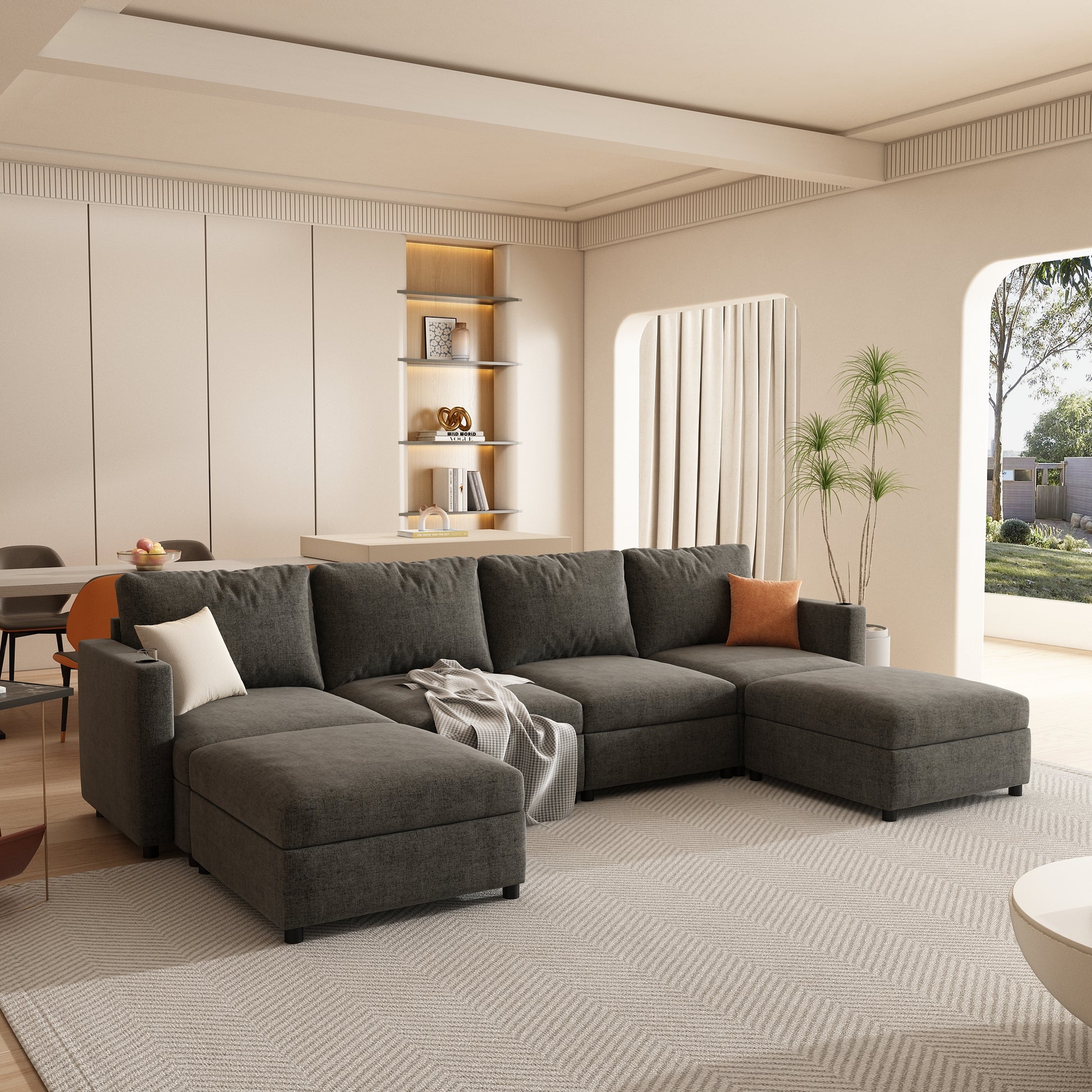 Modern Large Sectional Sofa, U Shape Modular Sectional Couch With Storage Function,123" Sofa Bed With Ottoman,6 Seat Sectionals Chaise For Living Room,Chenille Grey Fabric 6 Seat