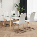 Modern Simple Rectangular Glass Dining Table, Solid Tempered Glass Countertop, Wood Transfer Metal Table Legs, White Pu Dining Chair Set, Suitable For Restaurant Kitchen Use Set Of 5 Upholstered Chair Glass White Pu Seats 4 Metal Rectangular Dining Table